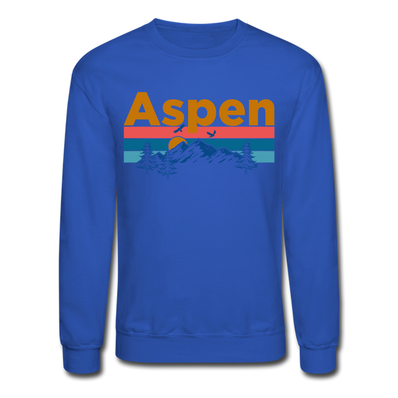 Aspen, Colorado Sweatshirt - Retro Mountain & Birds Aspen Crewneck Sweatshirt - royal blue