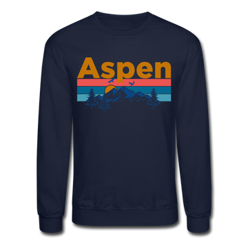 Aspen, Colorado Sweatshirt - Retro Mountain & Birds Aspen Crewneck Sweatshirt - navy
