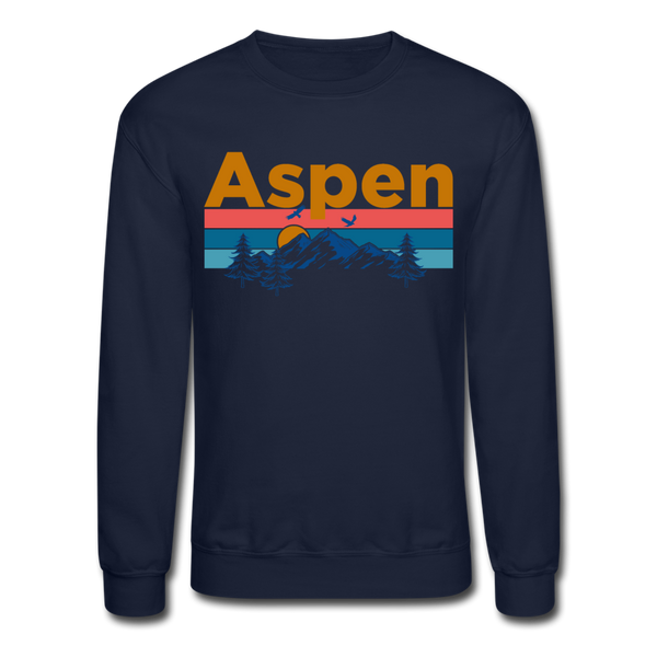 Aspen, Colorado Sweatshirt - Retro Mountain & Birds Aspen Crewneck Sweatshirt - navy