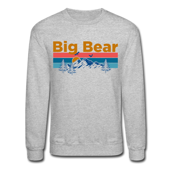 Big Bear, California Sweatshirt - Retro Mountain & Birds Big Bear Crewneck Sweatshirt - heather gray