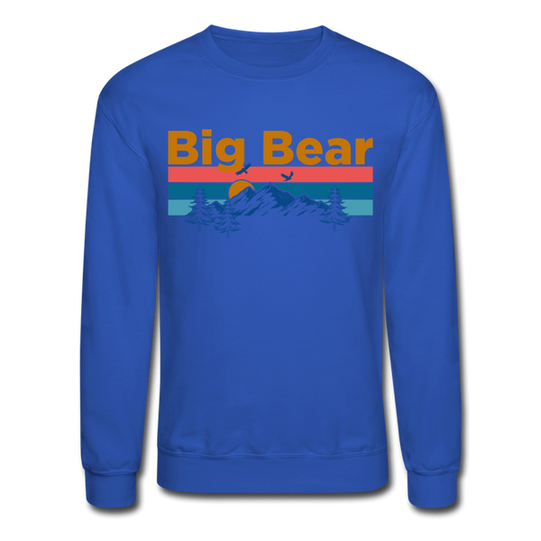 Big Bear, California Sweatshirt - Retro Mountain & Birds Big Bear Crewneck Sweatshirt - royal blue