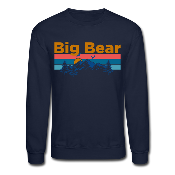 Big Bear, California Sweatshirt - Retro Mountain & Birds Big Bear Crewneck Sweatshirt - navy