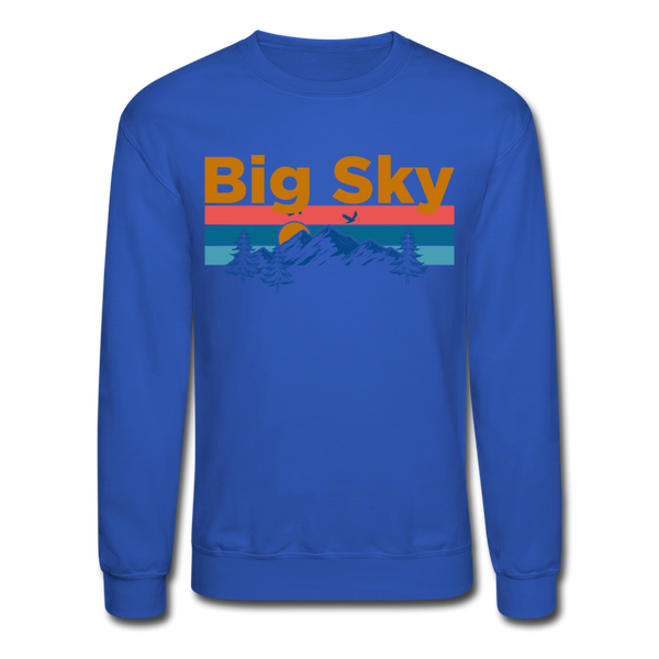 Big Sky, Montana Sweatshirt - Retro Mountain & Birds Big Sky Crewneck Sweatshirt - royal blue