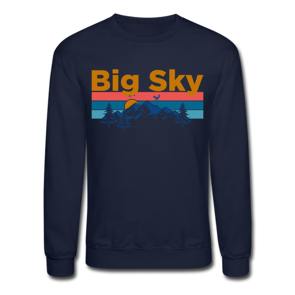 Big Sky, Montana Sweatshirt - Retro Mountain & Birds Big Sky Crewneck Sweatshirt - navy