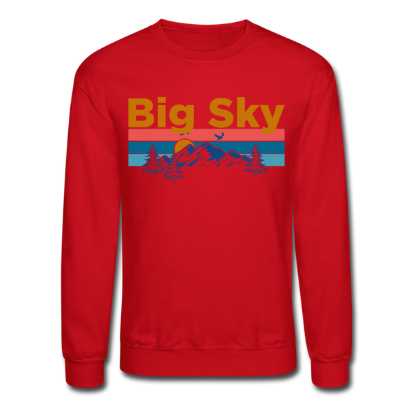 Big Sky, Montana Sweatshirt - Retro Mountain & Birds Big Sky Crewneck Sweatshirt - red