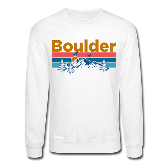 Boulder, Colorado Sweatshirt - Retro Mountain & Birds Boulder Crewneck Sweatshirt - white