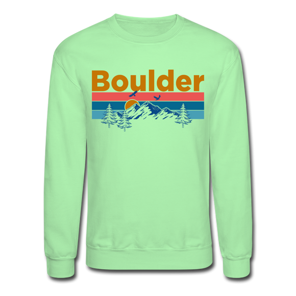 Boulder, Colorado Sweatshirt - Retro Mountain & Birds Boulder Crewneck Sweatshirt - lime