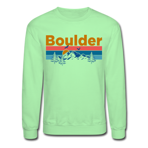 Boulder, Colorado Sweatshirt - Retro Mountain & Birds Boulder Crewneck Sweatshirt - lime
