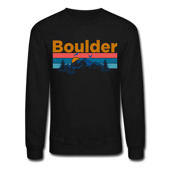 Boulder, Colorado Sweatshirt - Retro Mountain & Birds Boulder Crewneck Sweatshirt - black