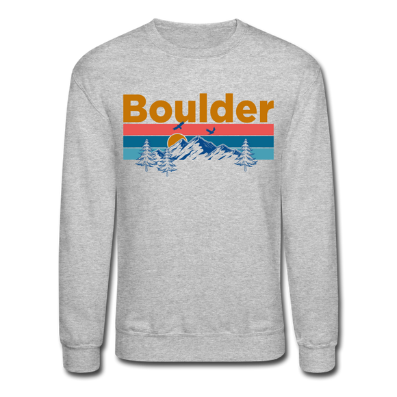 Boulder, Colorado Sweatshirt - Retro Mountain & Birds Boulder Crewneck Sweatshirt - heather gray