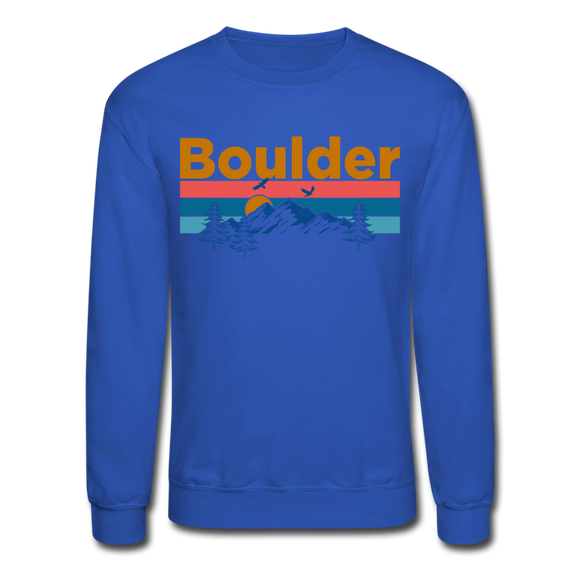 Boulder, Colorado Sweatshirt - Retro Mountain & Birds Boulder Crewneck Sweatshirt - royal blue