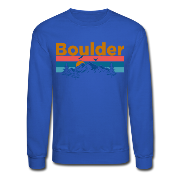 Boulder, Colorado Sweatshirt - Retro Mountain & Birds Boulder Crewneck Sweatshirt - royal blue