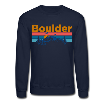 Boulder, Colorado Sweatshirt - Retro Mountain & Birds Boulder Crewneck Sweatshirt - navy