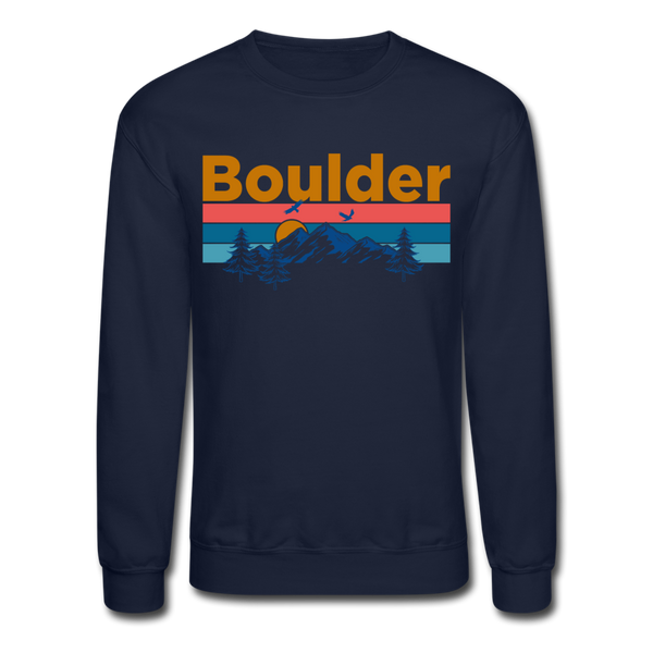 Boulder, Colorado Sweatshirt - Retro Mountain & Birds Boulder Crewneck Sweatshirt - navy