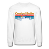 Crested Butte Sweatshirt - Retro Mountain & Birds Crested Butte Crewneck Sweatshirt - white