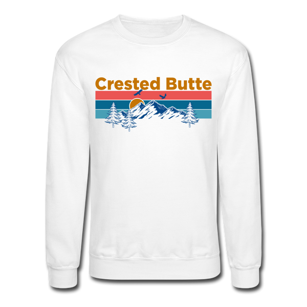 Crested Butte Sweatshirt - Retro Mountain & Birds Crested Butte Crewneck Sweatshirt - white