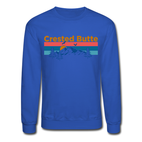 Crested Butte Sweatshirt - Retro Mountain & Birds Crested Butte Crewneck Sweatshirt - royal blue