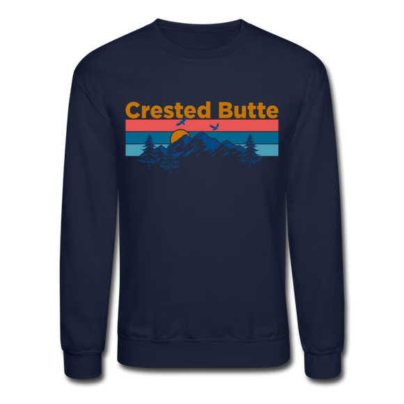 Crested Butte Sweatshirt - Retro Mountain & Birds Crested Butte Crewneck Sweatshirt - navy