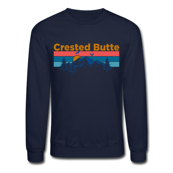 Crested Butte Sweatshirt - Retro Mountain & Birds Crested Butte Crewneck Sweatshirt - navy