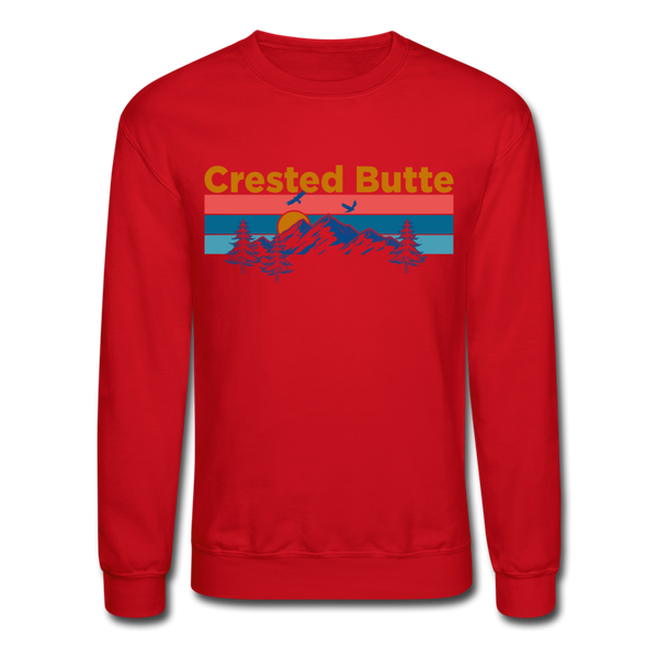 Crested Butte Sweatshirt - Retro Mountain & Birds Crested Butte Crewneck Sweatshirt - red