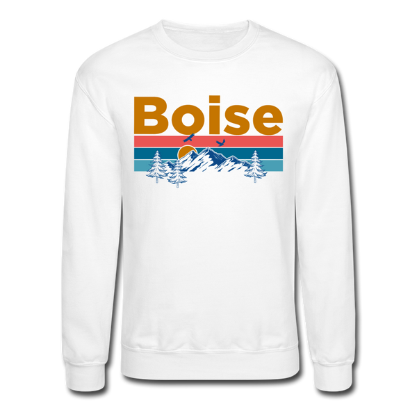 Boise, Idaho Sweatshirt - Retro Mountain & Birds Boise Crewneck Sweatshirt - white