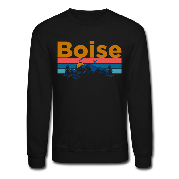 Boise, Idaho Sweatshirt - Retro Mountain & Birds Boise Crewneck Sweatshirt - black