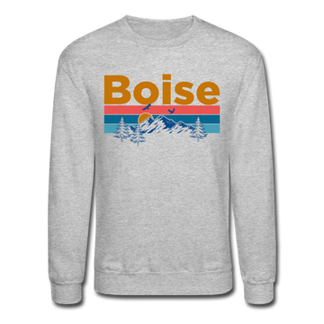 Boise, Idaho Sweatshirt - Retro Mountain & Birds Boise Crewneck Sweatshirt - heather gray