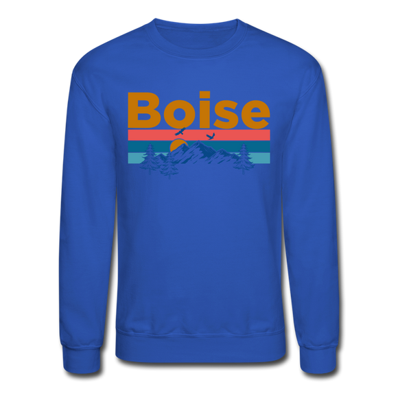 Boise, Idaho Sweatshirt - Retro Mountain & Birds Boise Crewneck Sweatshirt - royal blue