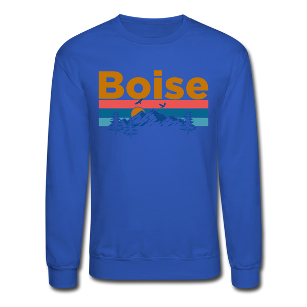 Boise, Idaho Sweatshirt - Retro Mountain & Birds Boise Crewneck Sweatshirt - royal blue
