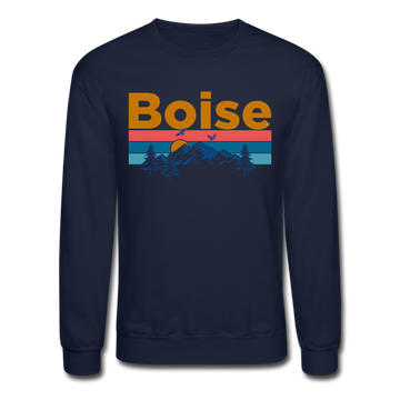 Boise, Idaho Sweatshirt - Retro Mountain & Birds Boise Crewneck Sweatshirt - navy