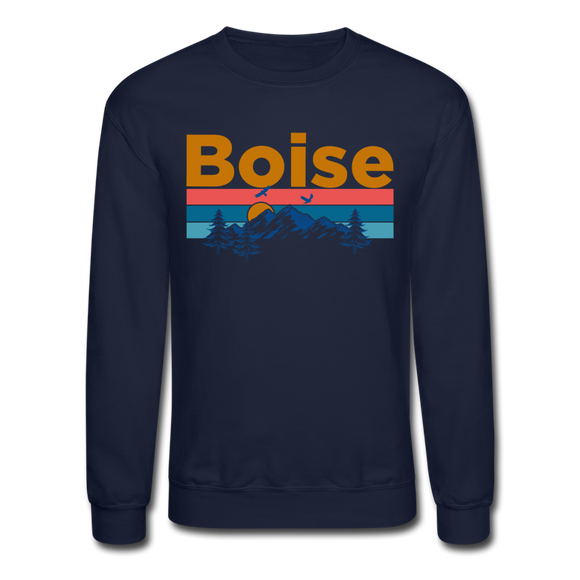 Boise, Idaho Sweatshirt - Retro Mountain & Birds Boise Crewneck Sweatshirt - navy