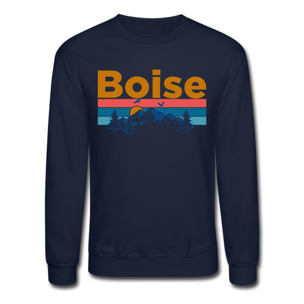 Boise, Idaho Sweatshirt - Retro Mountain & Birds Boise Crewneck Sweatshirt - navy