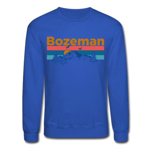 Bozeman, Montana Sweatshirt - Retro Mountain & Birds Bozeman Crewneck Sweatshirt - royal blue