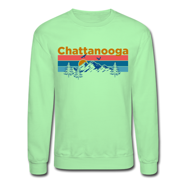 Chattanooga, Tennessee Sweatshirt - Retro Mountain & Birds Chattanooga Crewneck Sweatshirt - lime