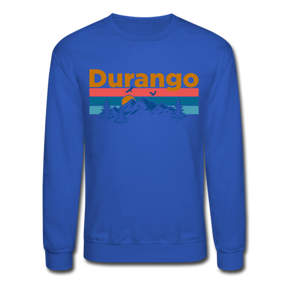 Durango, Colorado Sweatshirt - Retro Mountain & Birds Durango Crewneck Sweatshirt - royal blue