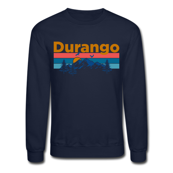 Durango, Colorado Sweatshirt - Retro Mountain & Birds Durango Crewneck Sweatshirt - navy