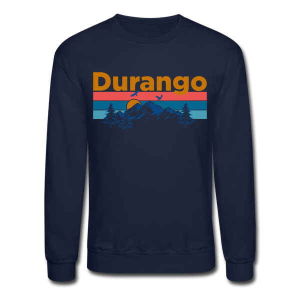 Durango, Colorado Sweatshirt - Retro Mountain & Birds Durango Crewneck Sweatshirt - navy