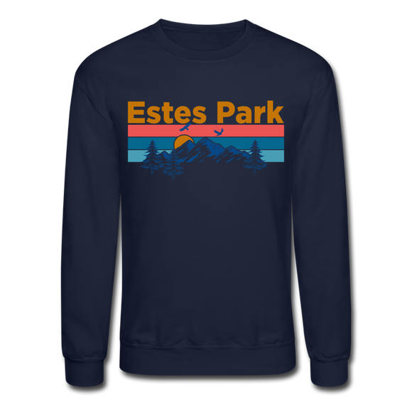 Estes Park, Colorado Sweatshirt - Retro Mountain & Birds Estes Park Crewneck Sweatshirt - navy