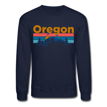 Oregon Sweatshirt - Retro Mountain & Birds Oregon Crewneck Sweatshirt - navy