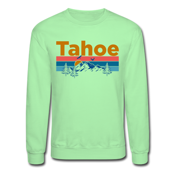 Lake Tahoe, California Sweatshirt - Retro Mountain & Birds Lake Tahoe Crewneck Sweatshirt - lime