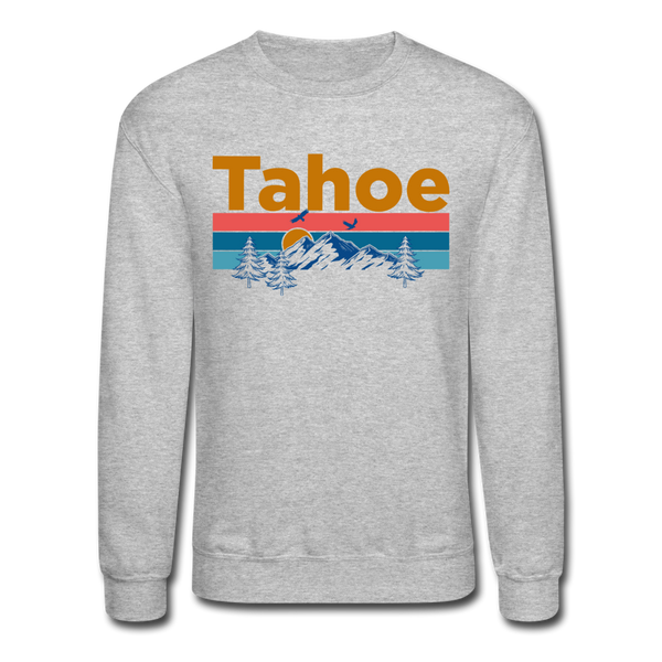 Lake Tahoe, California Sweatshirt - Retro Mountain & Birds Lake Tahoe Crewneck Sweatshirt - heather gray