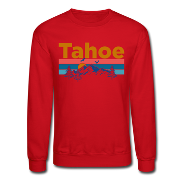 Lake Tahoe, California Sweatshirt - Retro Mountain & Birds Lake Tahoe Crewneck Sweatshirt - red