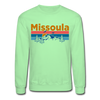 Missoula, Montana Sweatshirt - Retro Mountain & Birds Missoula Crewneck Sweatshirt - lime