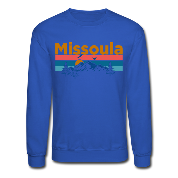 Missoula, Montana Sweatshirt - Retro Mountain & Birds Missoula Crewneck Sweatshirt - royal blue