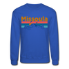 Missoula, Montana Sweatshirt - Retro Mountain & Birds Missoula Crewneck Sweatshirt - royal blue