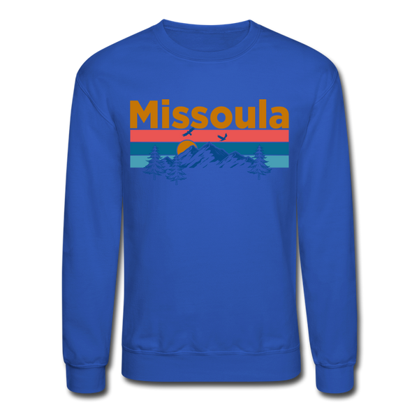 Missoula, Montana Sweatshirt - Retro Mountain & Birds Missoula Crewneck Sweatshirt - royal blue