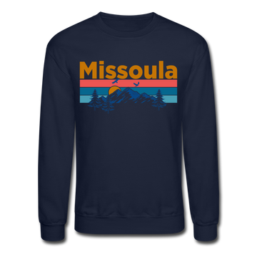 Missoula, Montana Sweatshirt - Retro Mountain & Birds Missoula Crewneck Sweatshirt - navy
