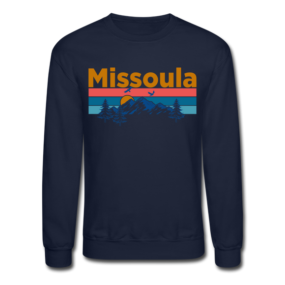 Missoula, Montana Sweatshirt - Retro Mountain & Birds Missoula Crewneck Sweatshirt - navy