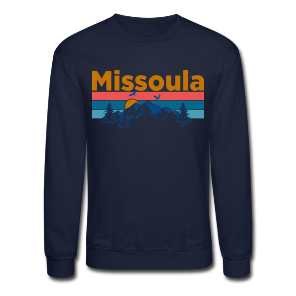 Missoula, Montana Sweatshirt - Retro Mountain & Birds Missoula Crewneck Sweatshirt - navy
