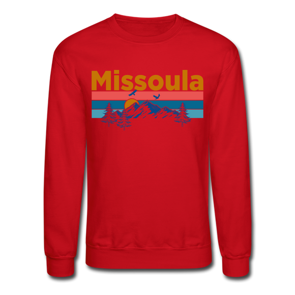 Missoula, Montana Sweatshirt - Retro Mountain & Birds Missoula Crewneck Sweatshirt - red